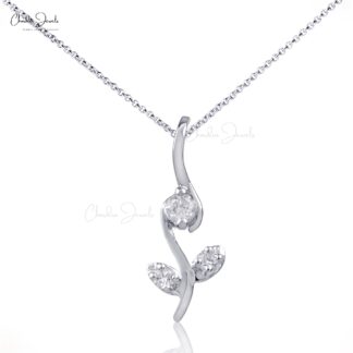 Real 14k White Gold Floral Pendant With 0.08 Ct White Diamond 3 Stone Women Necklace