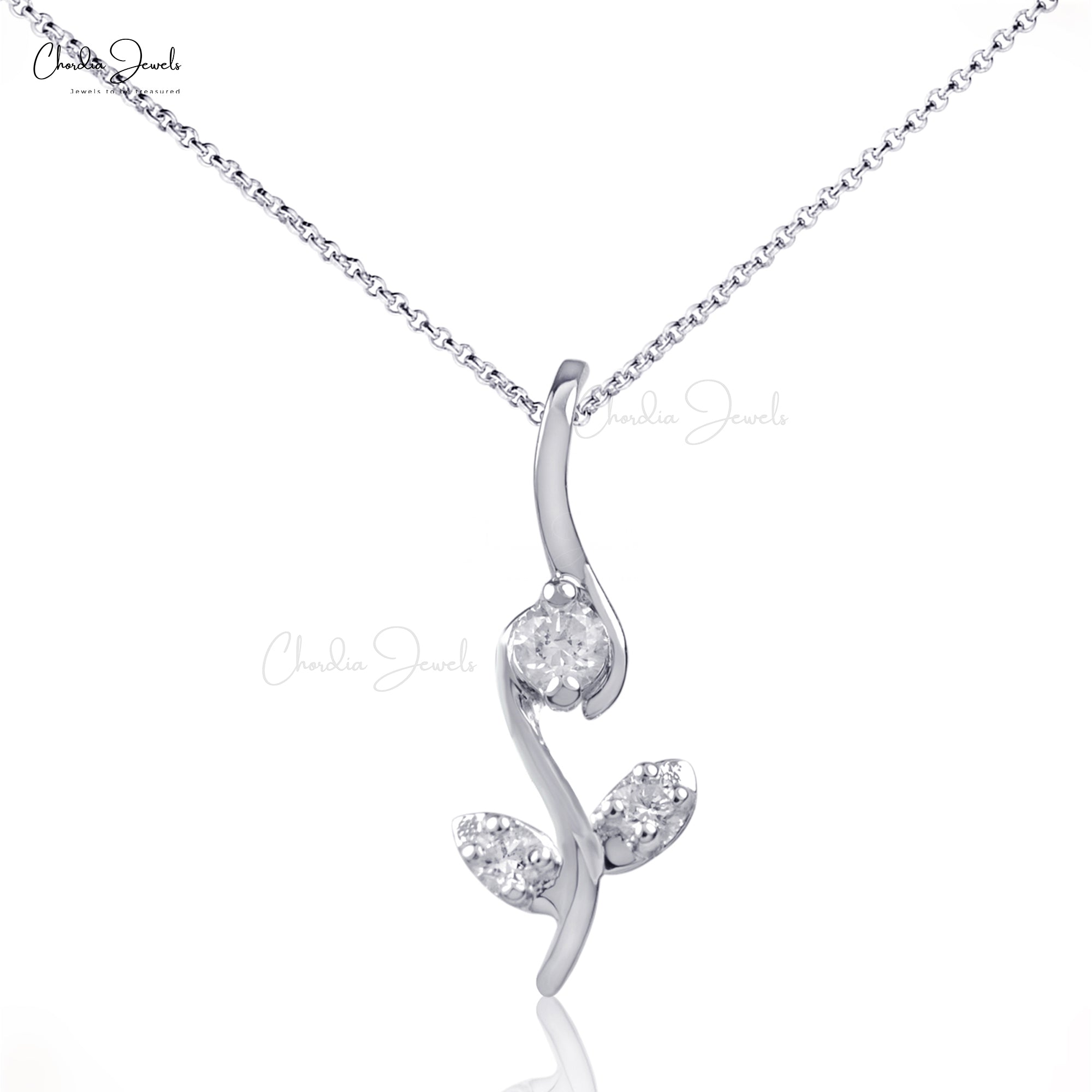 Real 14k White Gold Floral Pendant With 0.08 Ct White Diamond 3 Stone Women Necklace