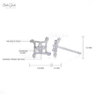Cluster Basic Stud With 0.14 Ct Small Diamond 14k Real White Gold 4 Stone Earrings