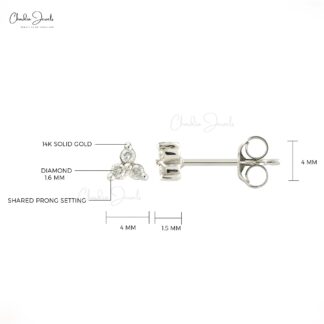 Three Stone Cluster Earrings In Solid 14k White Gold Diamond 0.11 Ct Round Minimal Studs