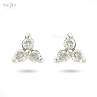 Three Stone Cluster Earrings In Solid 14k White Gold Diamond 0.11 Ct Round Minimal Studs