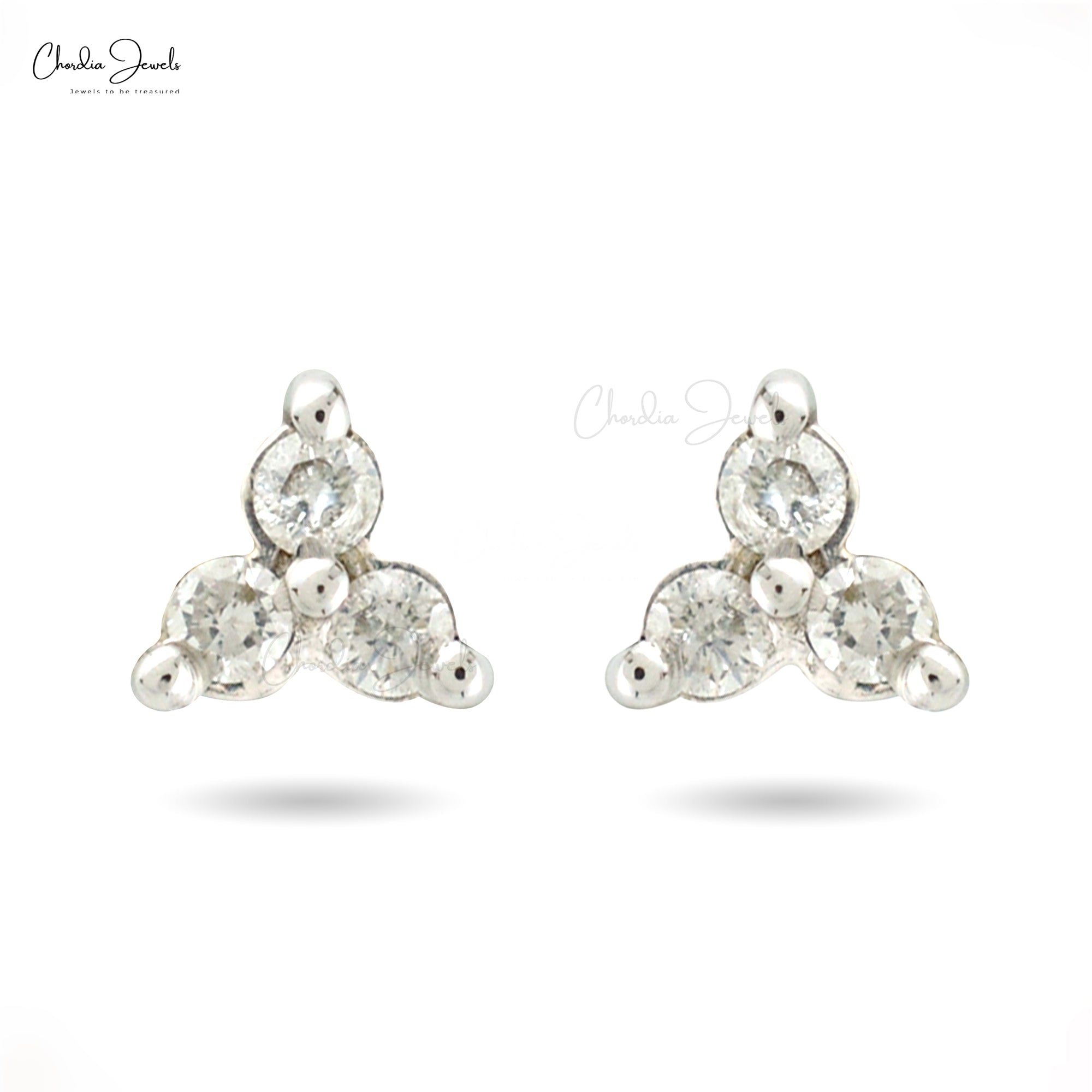 Three Stone Cluster Earrings In Solid 14k White Gold Diamond 0.11 Ct Round Minimal Studs