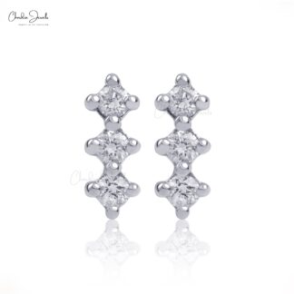 Round Cut 3 Stone Studs With 1.6mm G-H Diamond Prong Set 14k White Gold Earrings For Her