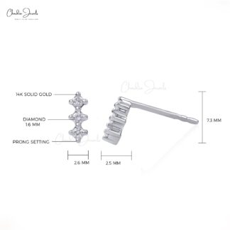 Round Cut 3 Stone Studs With 1.6mm G-H Diamond Prong Set 14k White Gold Earrings For Her