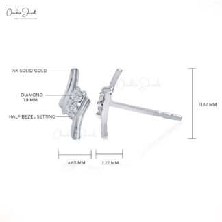 Two Stone Round Cut Stud With 1.9mm White Diamond Hallmarked Earrings In 14k White Gold