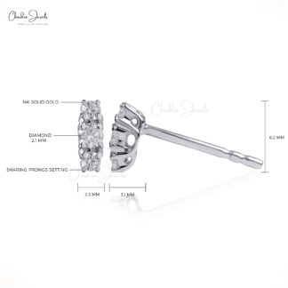 Dainty 3 Stone Unique Earring In 14k Real White Gold G-H Diamond Trilogy Push Back Studs