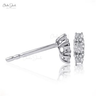 Dainty 3 Stone Unique Earring In 14k Real White Gold G-H Diamond Trilogy Push Back Studs