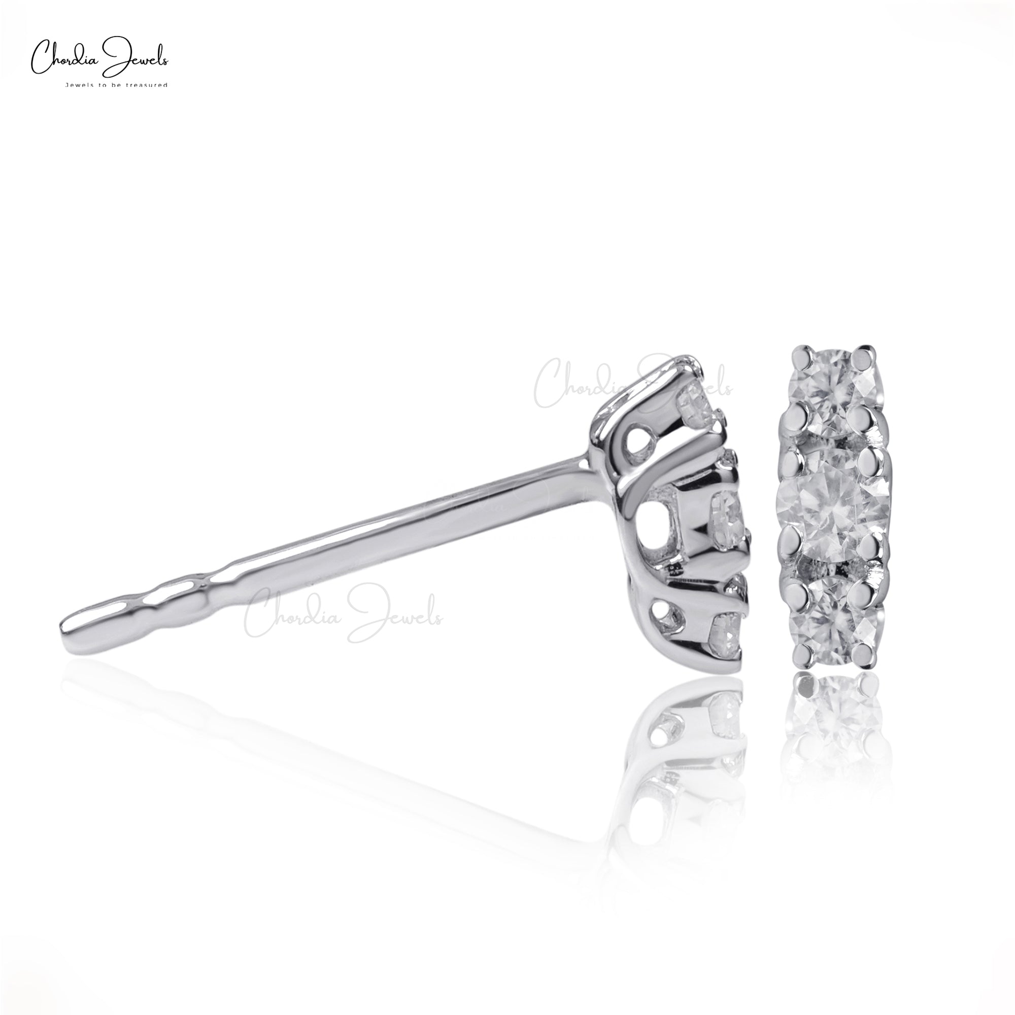Dainty 3 Stone Unique Earring In 14k Real White Gold G-H Diamond Trilogy Push Back Studs