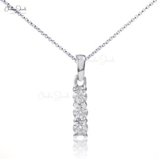 Solid 14k White Gold Dangle Pendant With 2.4mm Diamond 3 Stone Daughter Necklace
