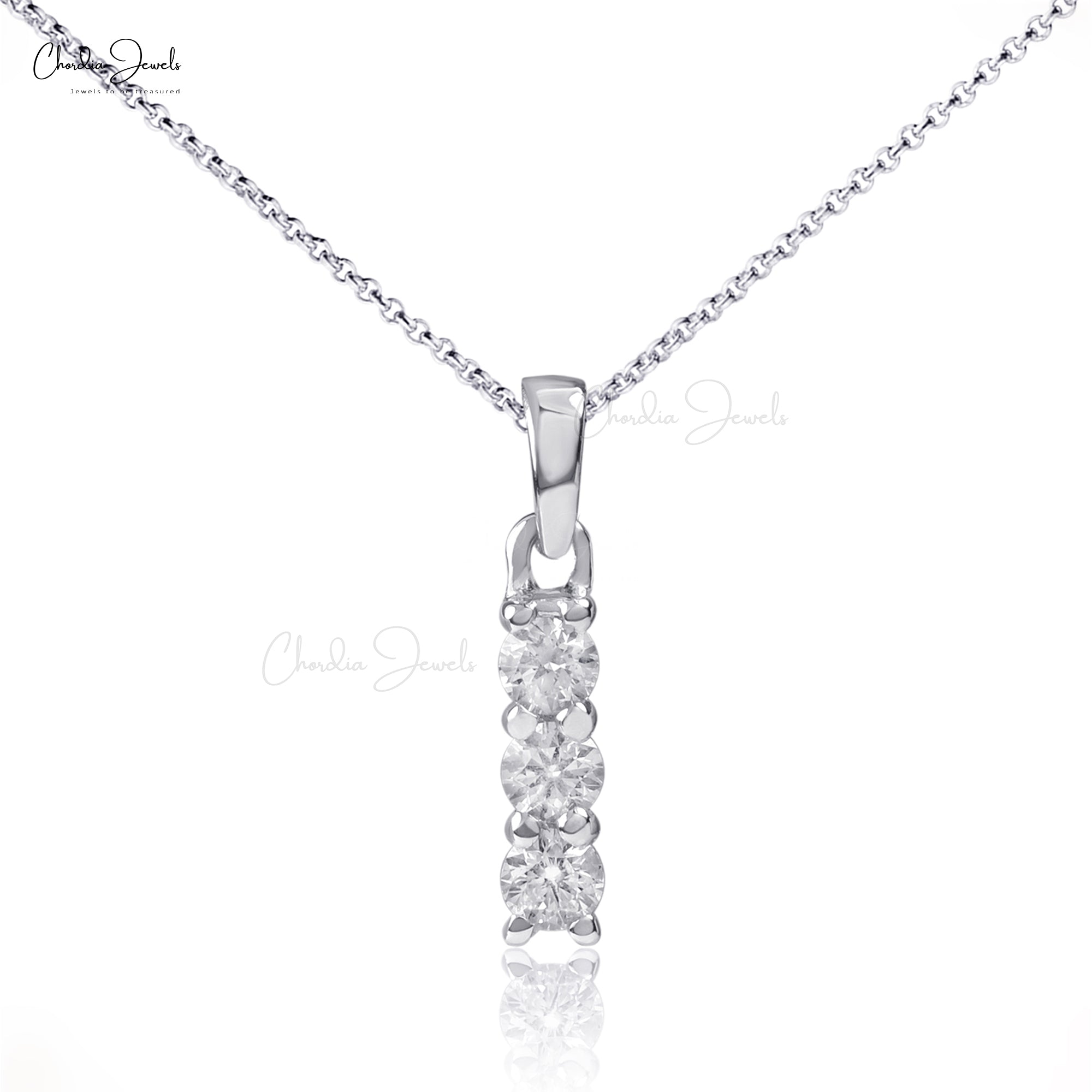 Solid 14k White Gold Dangle Pendant With 2.4mm Diamond 3 Stone Daughter Necklace
