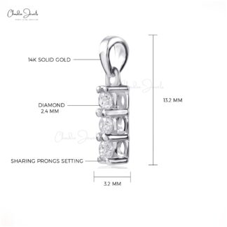 Solid 14k White Gold Dangle Pendant With 2.4mm Diamond 3 Stone Daughter Necklace
