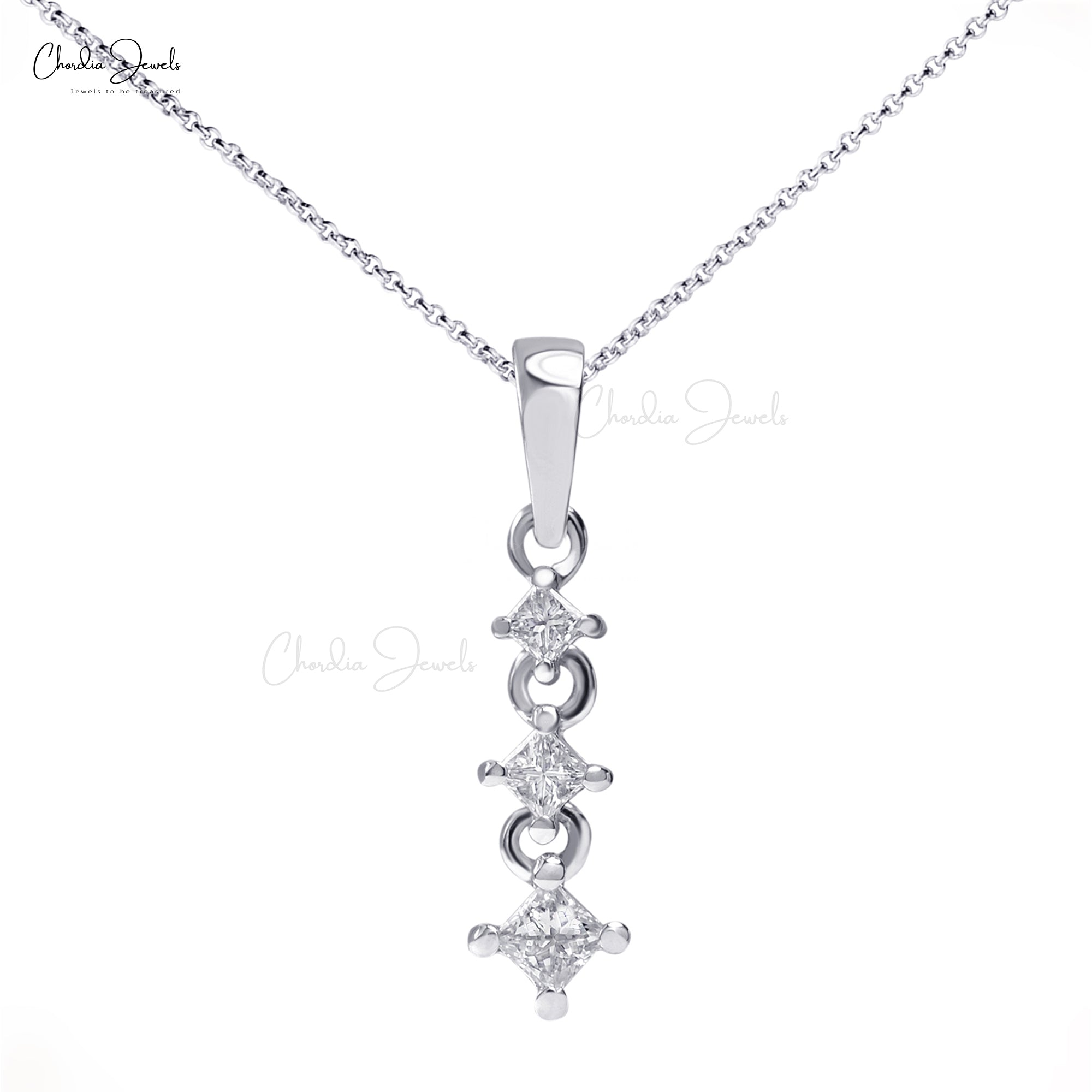 Dangling Women Pendant With 0.12 Ct Diamond 3 Stone Prong Set In 14k White Gold Necklaces