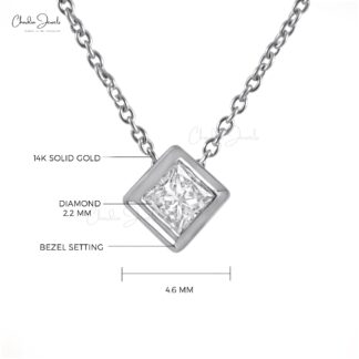 Solitaire Dainty Necklace With 2.2mm Square Cut Diamond 14k White Gold Chain Necklace