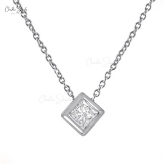 Solitaire Dainty Necklace With 2.2mm Square Cut Diamond 14k White Gold Chain Necklace