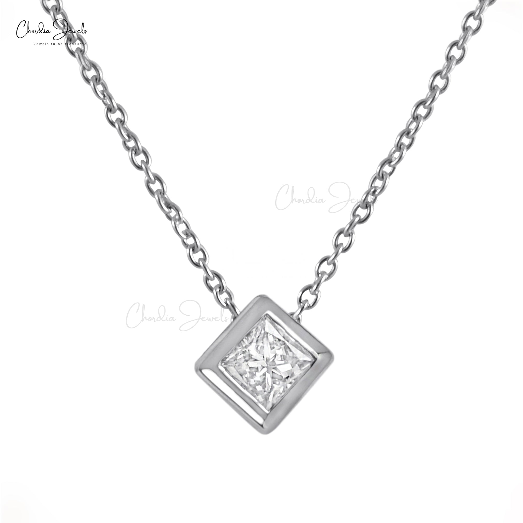 Solitaire Dainty Necklace With 2.2mm Square Cut Diamond 14k White Gold Chain Necklace