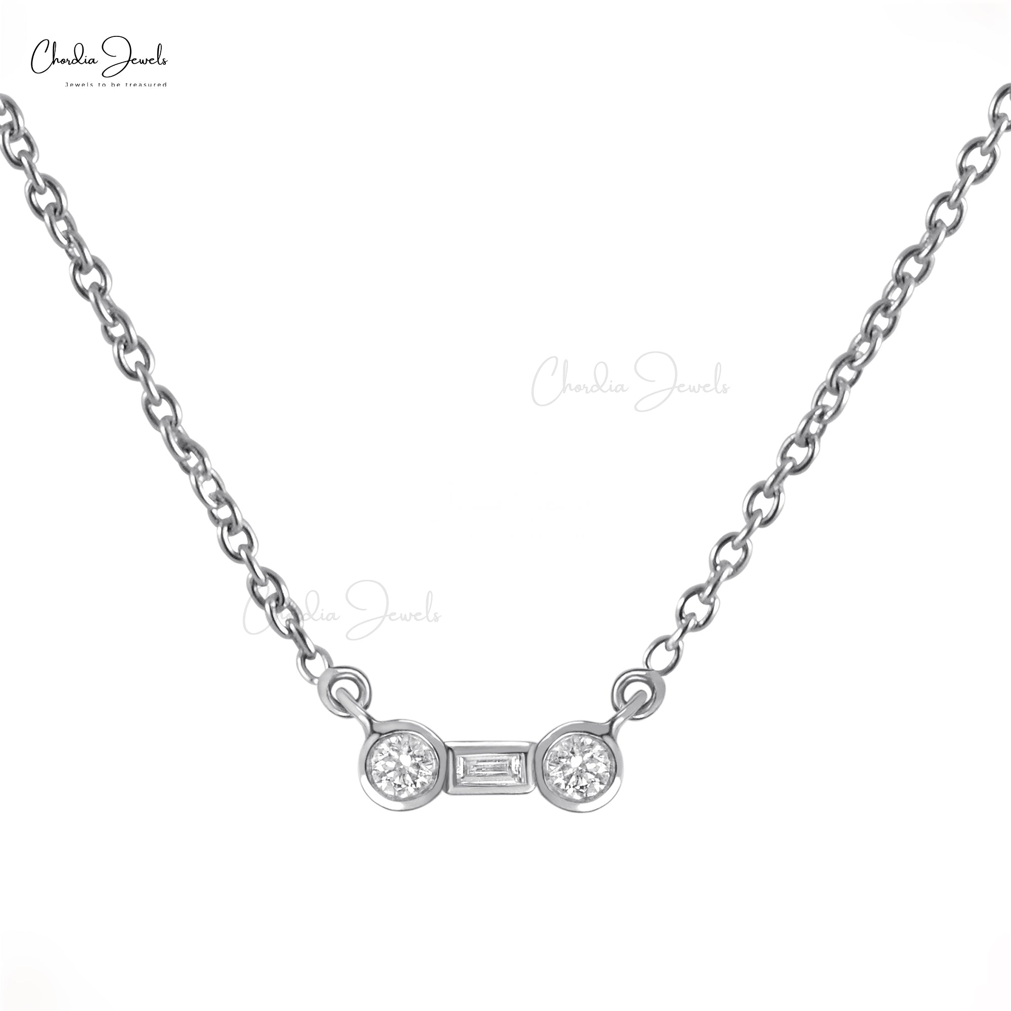 Delicate Bone Necklace In Real 14k White Gold Diamond 0.1 Ct Dainty 3 Stone Necklaces