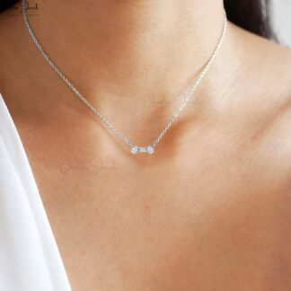 Delicate Bone Necklace In Real 14k White Gold Diamond 0.1 Ct Dainty 3 Stone Necklaces