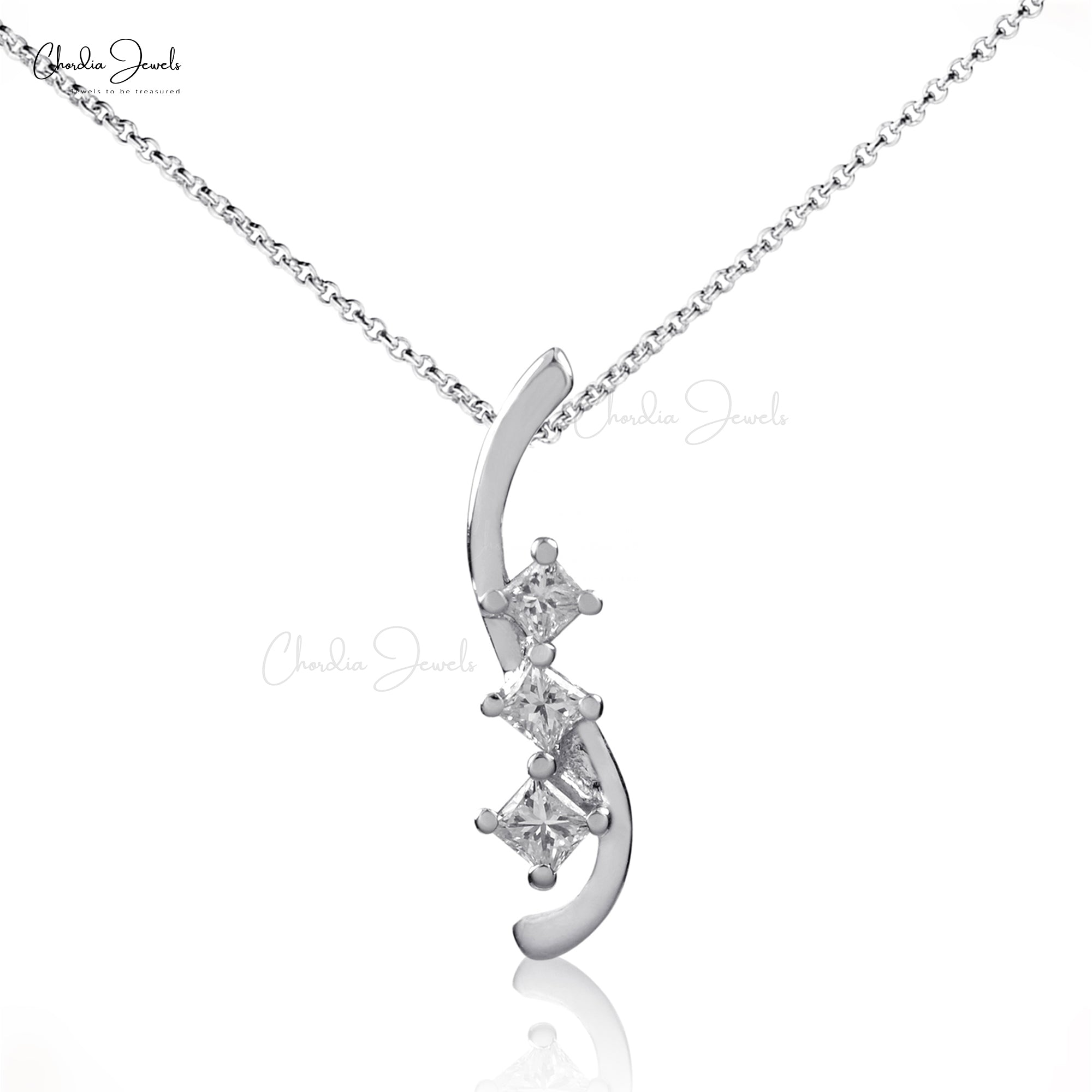 Three Stone Curved Locket In 14k White Gold Diamond Light Weight Dainty Pendant For Her