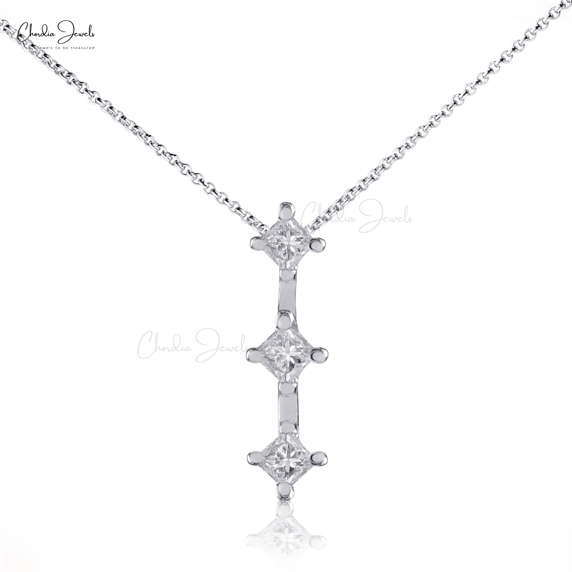 Trio Square Cut Pendant With 0.11 Ct Diamond April Birthstone 14k White Gold Necklace