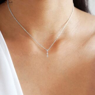 Trio Square Cut Pendant With 0.11 Ct Diamond April Birthstone 14k White Gold Necklace