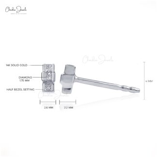 Bezel Set Push Back Studs In Solid 14k White Gold G-H Diamond 0.16 Ct Trio Stone Earrings