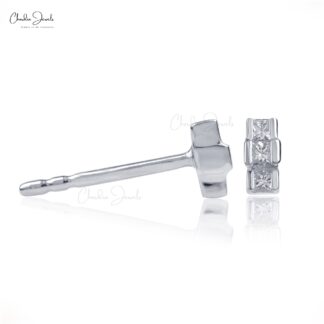 Bezel Set Push Back Studs In Solid 14k White Gold G-H Diamond 0.16 Ct Trio Stone Earrings