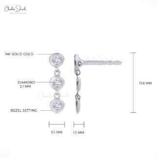 Trilogy Dangle Earring With 0.24 Ct Diamond Minimalist Earrings In 14k Real White Gold