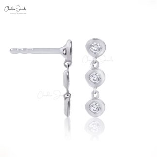 Trilogy Dangle Earring With 0.24 Ct Diamond Minimalist Earrings In 14k Real White Gold