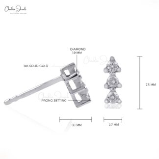 Triple Diamond Studs Earring In Pure 14k White Gold 3 Stone Hallmarked Jewelry For Her