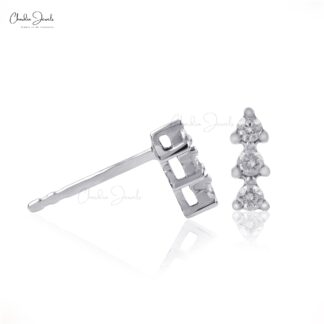 Triple Diamond Studs Earring In Pure 14k White Gold 3 Stone Hallmarked Jewelry For Her