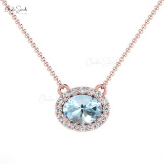 Natural Aquamarine Necklace in 14k Solid Gold Diamond Halo