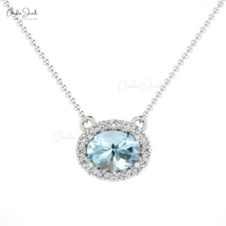 Natural Aquamarine Necklace in 14k Solid Gold Diamond Halo