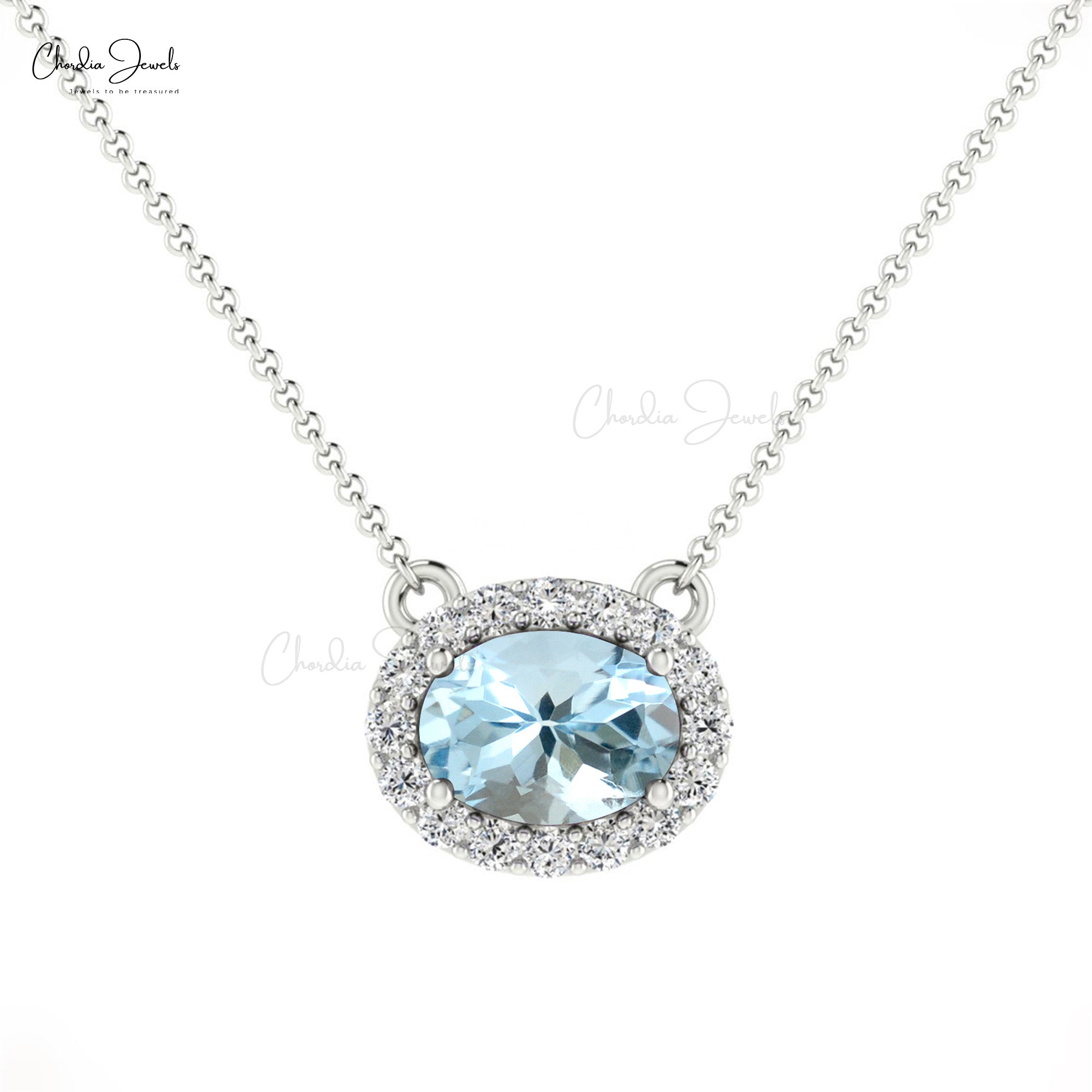 Natural Aquamarine Necklace in 14k Solid Gold Diamond Halo