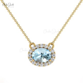 Natural Aquamarine Necklace in 14k Solid Gold Diamond Halo