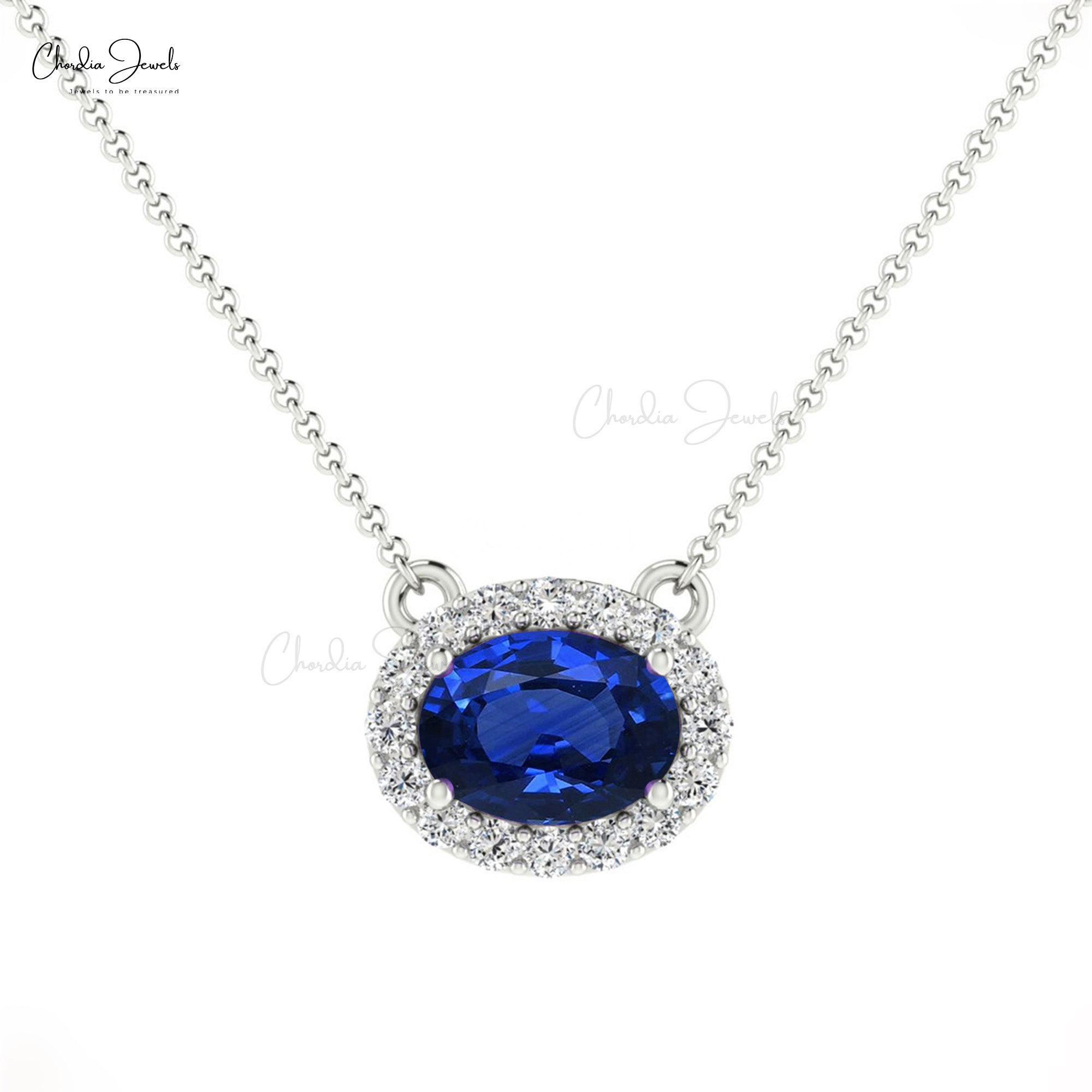 Natural 0.75cts Blue Sapphire Halo Necklace 14k Solid Gold Diamond Accents Prong Set Necklace