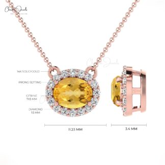 Halo Necklace With Natural 0.75ct Citrine & Diamond 14k Solid Gold Minimalist Necklace For Bridal Gift