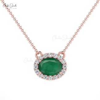 Oval 0.7ct Emerald Diamond Halo Necklace 14k Solid Gold Prong Set Women’s Gemstone Necklace