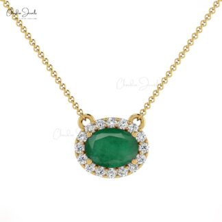 Oval 0.7ct Emerald Diamond Halo Necklace 14k Solid Gold Prong Set Women’s Gemstone Necklace