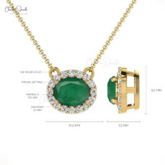 Oval 0.7ct Emerald Diamond Halo Necklace 14k Solid Gold Prong Set Women’s Gemstone Necklace