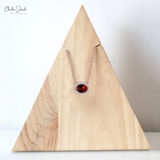 Women 7x5mm Garnet and Diamond Halo Necklace