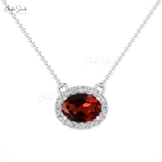 Women 7x5mm Garnet and Diamond Halo Necklace