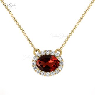 Women 7x5mm Garnet and Diamond Halo Necklace