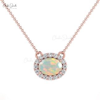 Vintage Style 7X5MM Opal and Diamond Halo Necklace
