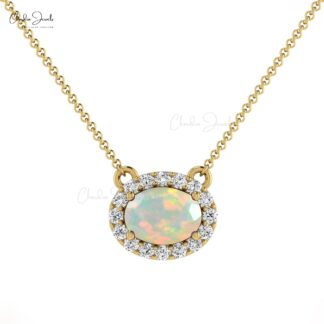 Vintage Style 7X5MM Opal and Diamond Halo Necklace