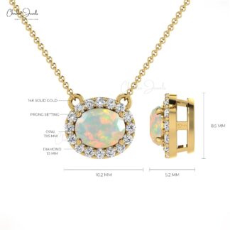 Vintage Style 7X5MM Opal and Diamond Halo Necklace
