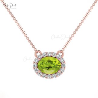 Natural Peridot and Diamond Necklace, 14k Solid Gold Necklace, 0.75 Carat Oval Faceted Gemstone Necklace, Bridesmaid Necklace for Gift