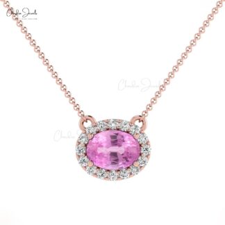 Natural Pink Sapphire Necklace, 14k Solid Gold Diamond Necklace, 0.75 Carats Oval Faceted Gemstone Necklace Women’s Jewelry, Gift for Her