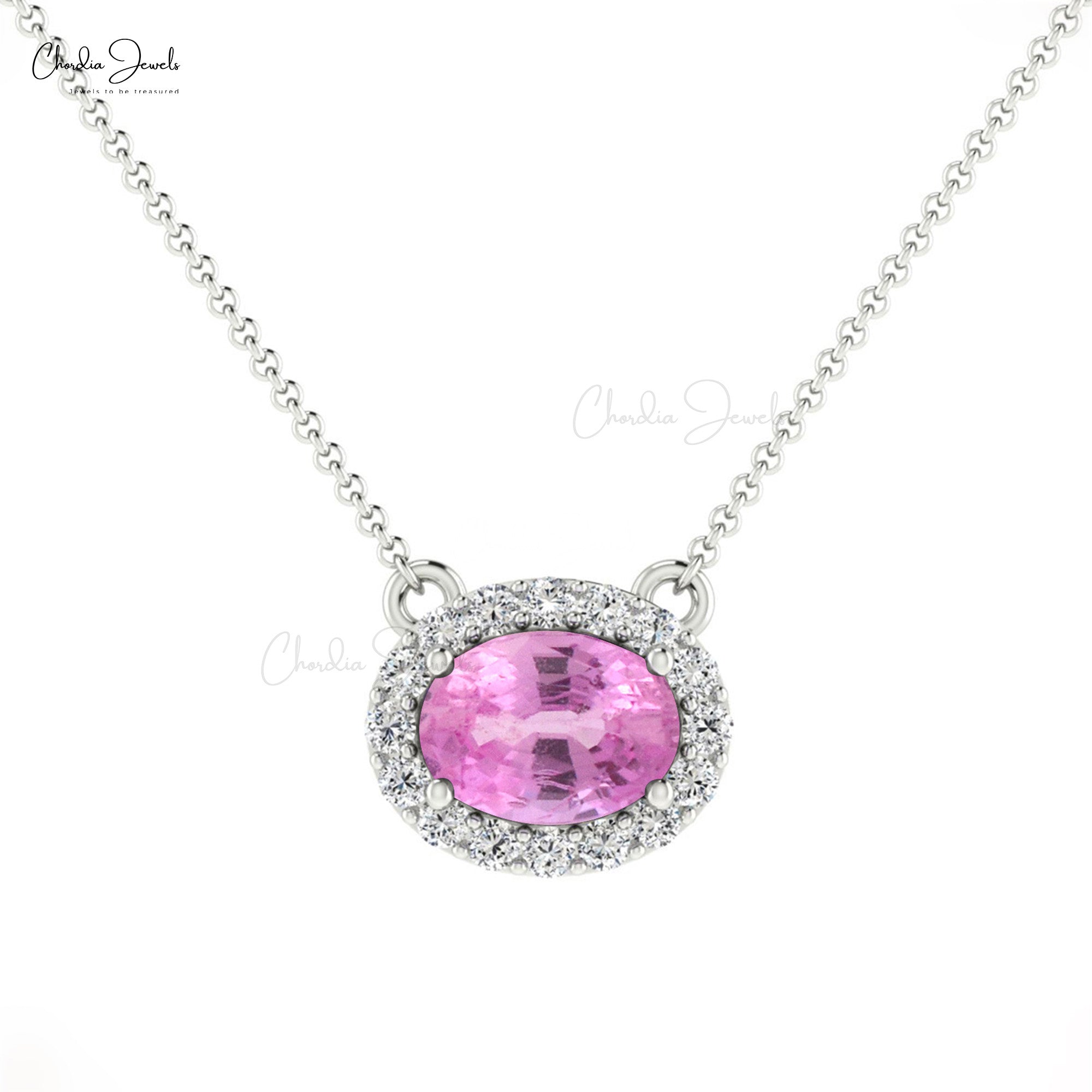 Natural Pink Sapphire Necklace, 14k Solid Gold Diamond Necklace, 0.75 Carats Oval Faceted Gemstone Necklace Women’s Jewelry, Gift for Her