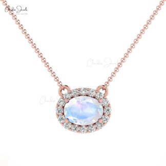 7x5mm Oval Shaped Rainbow Moonstone & Diamond Halo Necklace in 14K Gold