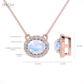 7x5mm Oval Shaped Rainbow Moonstone & Diamond Halo Necklace in 14K Gold